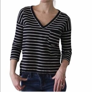 Madewell Dark Navy and White Striped Zipper Hem 3/4 Sleeve Shirt Sz S